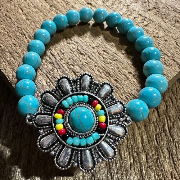 Turquoise Flower Concho Seed Bead Southwestern Bohemian Bracelet‎ - Picture 3 of 6